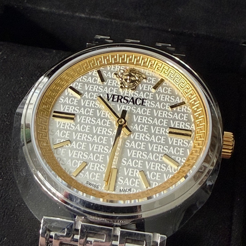 Versace V-Essential Silver Dial Mesh Bracelet Watch VETCA Two Tone Swiss Made